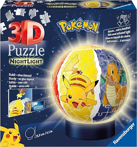 Ravensburger - 3D Puzzle Nightlamp Pokemon, Puzzle Ball con Luces, 74 Piezas, 6+ Años  