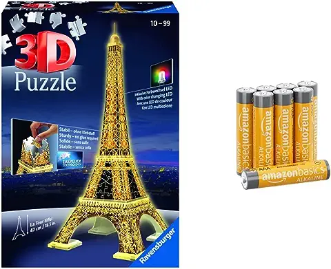 Ravensburger - 3D Puzzle Tour Eiffel Night Edition con Luces, 216 Piezas, 8+ Años & Amazon Basics - Pilas Alcalinas AAA de 1,5 Voltios, Gama Performance, Paquete de 8 (el Aspecto Puede Variar)  