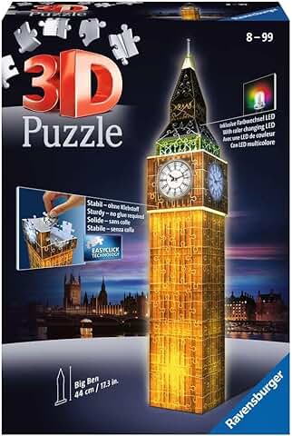 Ravensburger - Puzzle 3D, Big Ben Edición Especial con LED, Edad Recomendada 8+, 216 Piezas de Puzle de Plástico Numeradas + 9 Accesorios + Módulo Luminoso con LEDs + Instrucciones  