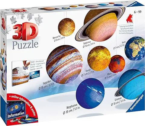 Ravensburger - Puzzle 3D, Sistema Planetario, Edad Recomendada 6+, 522 Piezas Numeradas, 18 Accesorios, 1 Póster de dos Páginas, 1 Manual de Instrucciones  
