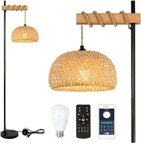 Rayofly Lámpara de Pie Vintage Regulable con Mando a Distancia y Bombilla LED, App Control, Lámpara de Pie Boho con Pantalla de Bambú, Lámpara de Pie de Ratán para Salón Dormitorio, Negro  