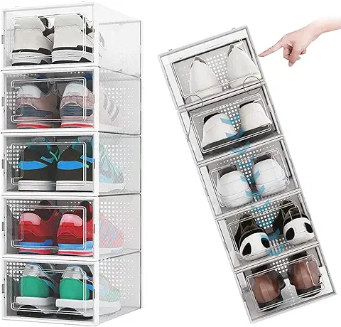 REFORUNG 10 Piezas Cajas para Zapatos Transparentes Cajas de Almacenaje Apilables, Caja para Guardar Zapatillas Organizador de Zapatos de Plástico Plegable con Tapa Frontal Hasta Talla 45  