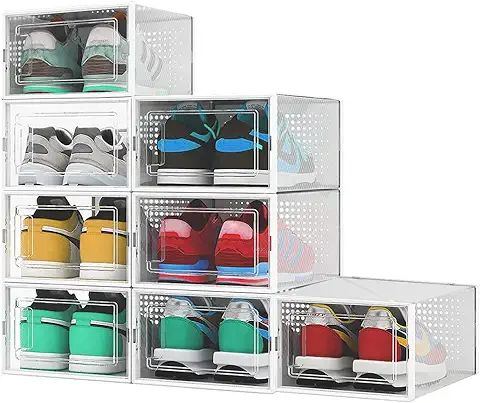 REFORUNG 8 Piezas Cajas para Zapatos Transparentes Cajas de Almacenaje para Zapatos Apilables Caja para Guardar Zapatillas Organizador de Zapatos de Plástico Plegable con Tapa Frontal Hasta Talla 45  