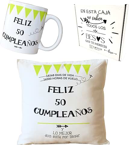 Regalo Originales 50 CUMPLEAÑOS Hombre Mujer COJÍN + Taza Original Mensajes de Amor Cojines Decorativos I Taza Desayuno Original Idea Regalo Cumpleaños.(Pack 50 AÑOS)  