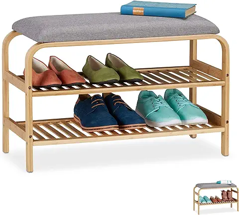 Relaxdays Banco Zapatero Recibidor, Asiento Acolchado, 46x69x30cm, Organizador 6 Pares de Zapatos, Descalzadora, Natural, Bambú  