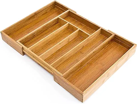 Relaxdays Caja de Cubiertos de Bambú, Inserto de Cubiertos Extraíble como Organizador de Cocina, Inserto de Cajón 33.5x29-48x5 cm, Natural  