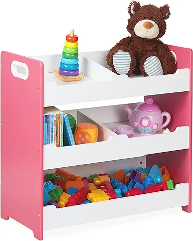 Relaxdays Estantería Infantil, 5 Baldas, Organizador Juguetes con Asas, Librería Niñas, 60x63x30 cm, MDF, Blanco y Rosa, 100% Tablero de Fibra  