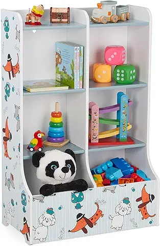 Relaxdays Estantería Infantil, 90x59x30 cm, Organizador Juguetes 8 Baldas, Librería Niños, Estampados Perros, Multicolor, Madera de Ingeniería  