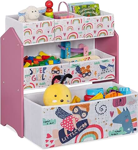 Relaxdays Estantería Infantil con 6 Cajas, 66x63x30 cm, Organizador Juguetes Superheroína, Mueble Juguetero, Multicolor, 80% Tablero de Fibra Plástico 10% Vellón  