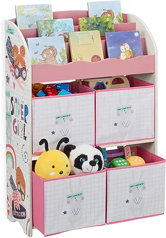 Relaxdays Estantería Infantil con Cajas, Estampados Superheorína, Armario Organizador Juguetes, 93x63x28 cm, Multicolor, Madera de Ingeniería  