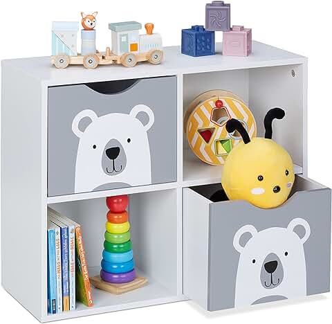 Relaxdays Estantería Infantil con Osos, 48 x 60 x 24,5 cm, Organizador Juguetes Cuarto Niños, Juguetero, Blanco y Gris, 80% 20% Tablero de Fibra  