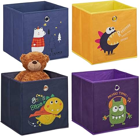 Relaxdays Juego de 4 Cajas de Almacenamiento para Niños, Diseño de Animales y Monstruos, caja Plegable para Estantes de Dados HBT: 30 x 30 x 30 cm, Multicolor  