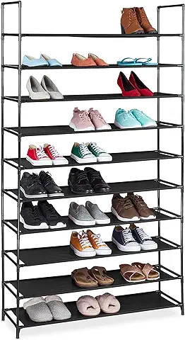 Relaxdays Modular XXL, 10 Niveles, para 50 Pares de Zapatos, Zapatera de Tela 176,5x99x29,5 cm, Negro, Plástico Metal Hierro, 1 Pieza  