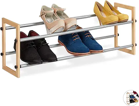 Relaxdays Zapatero Extensible, Estantería Zapatos, Organizador de 2 Estantes, Madera-Hierro, 1 Ud, Hasta 118 cm, Marrón  