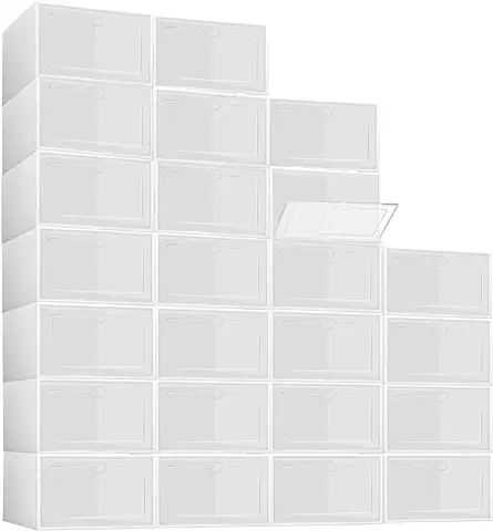 RemixOri Juego de 24 Cajas de Zapatos Plástico,Caja Apilable para Guardar Zapatos,expositor de Zapatos Plegable con Tapas Transparentes,para Armario y Entrada Talla 45,33x22x14cm（Blanco）  