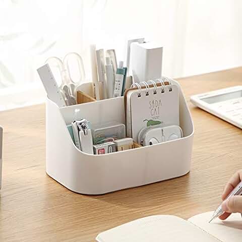 Rganizador Escritorio Blanco Organizador Escritorio Caja Organizador Escritorio Multiuso Caja de Almacenamiento Multifuncional, para Pluma, Tijeras, Teléfono Móvil, Gafas, Control Remoto, Blanco  