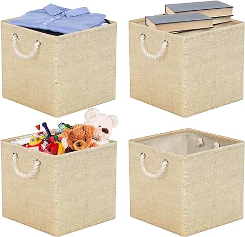 RIWNNI Juego de 4 Cajas Almacenaje, 30 x 30 x 30 cm, Cestas Organizadoras de Tela con Asas, Cubos de Almacenamiento Plegable para Ropa, Juguetes, Libros, Armario y Estanterías (Beige)  