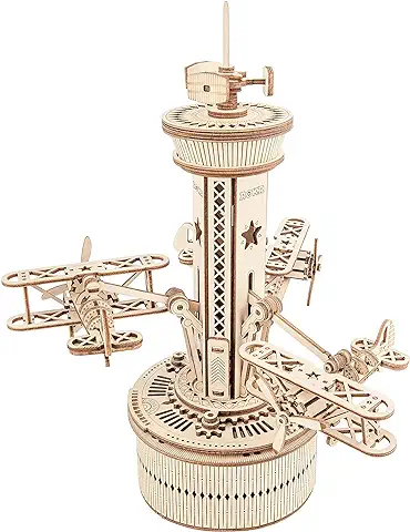 Robotime Puzzle 3D Madera Music Box Kits de Maqueta Rompecabeza Modelos de Madera Construcción para Adultos Torre de Control de Avión  