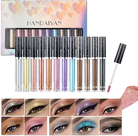 RoseFlower Juego de Sombras de ojos Líquidas con Brillo Metálico de 12 Colores, Camaleón Metálico con Purpurina Brillante, Sombras de ojos Líquidas Brillantes, Sombra de ojos de Larga Duración  