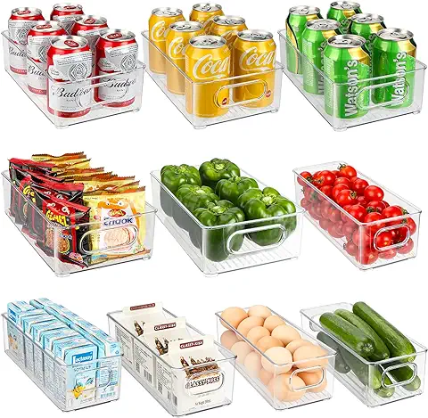 ROYOUZI 10Pcs Organizador de Nevera, 2 Tamaños Cajas de Almacenamiento de Cocina con Asa para La Despensa, Apilables y Transparentes, para la Cocina, Armarios, Encimeras y Refrigerador, sin BPA  