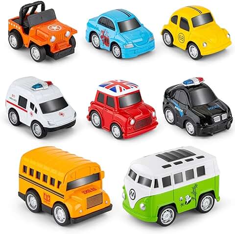 RuiDaXiang Metálico Tire Hacia Atrás Coches, 8 Packs Mini Die Cast Set de Coches de Juguete, Coche de Policía/Autobús Escolar ... Juguetes Vehículos Fricción, para Niños de 3 a 12 Años Niñas Niños  