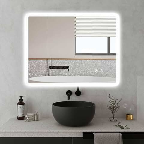 SaniteModar Espejo de Baño con LED 60x80cm, Espejo de Baño con Tira de Iluminación de Ancho Uniforme, Espejo de Pared con Luces Tricolores, Anti-vaho, Interruptor Táctil  