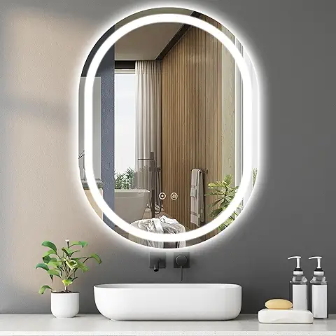 SaniteModar Espejo de Baño con LED 60x80cm, Espejo de Baño Ovalado con Luces, Espejo de Pared con Luces Tricolores, Anti-vaho, Interruptor Táctil  