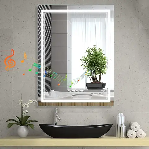 SaniteModar LED Espejo de Baño con Bluetooth 50x70cm, Espejo de Baño con Luz Antivaho, Espejo de Pared con Luces Tricolores, Interruptor Táctil  