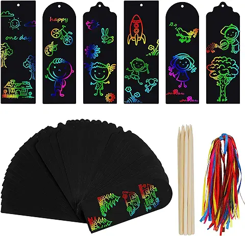 Scratch Art Marcapáginas, 48 Pcs Creativas Rascar Papel Magic Marcadores de Libros con Lápices Plantillas Dibujos, DIY Etiquetas de Regalo para Estudiantes y Niños  