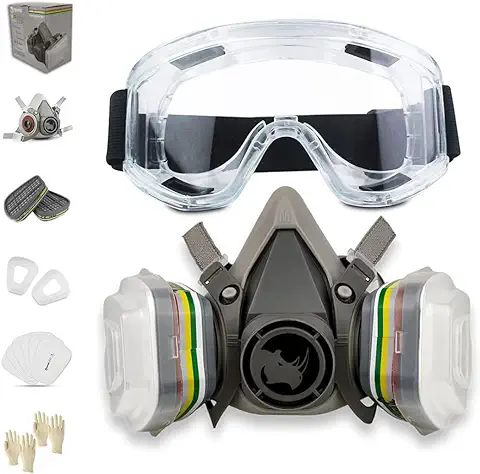 Set de Media Máscara Antipolvo Reutilizable RH-M103 ABEK1 con Gafas, Guantes, 6 Filtros de Protección de Partícular para Gas, Ácido y Amoníaco | Bricolaje Carpintería Vapor y Más  