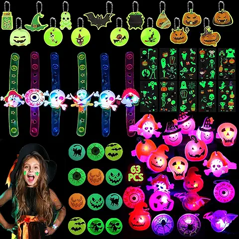 Shinybox Favores de Fiesta de Halloween para Niños, 63 Piezas Luminosas LED Oscuridad Juguetes Halloween, Artículos de Fiesta Cumpleaños Niños Juguetes de Fiesta para Decoraciones de Halloween  