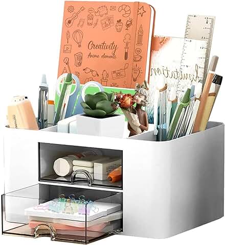Skran Organizador de Escritorio, Multifunción, con 7 Compartments Office Desk Organizer with 5 Compartments & 2 Transparent Drawers, with Drawer for Home, School(White)  