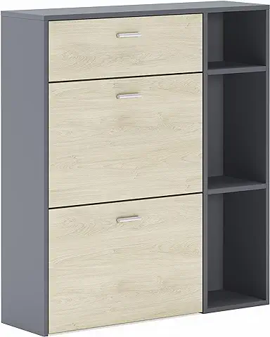 Skraut Home | Armario Zapatero | 102 x 90 x 26 cm | Capacidad para 12 Pares de Zapatos | 2 Puertas Basculantes + 1 Cajón | Modelo Wind | Acabado Gris/Roble  