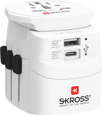 SKROSS 1.302472 Pro Light USB (AC) World Adaptador de Viaje Universal + USB C 3.0 A y USB A 2.4 A. Voltaje y Potencia: 100V, 700W / 250V, 1750W. Protección Contra Descargas Eléctricas  