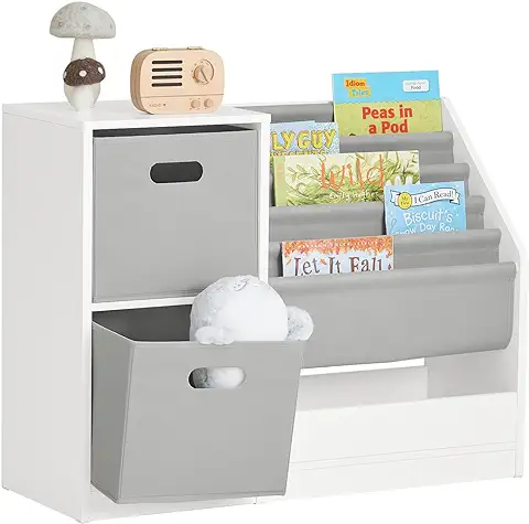 SoBuy KMB76-W Librería Infantil para Niños de Altura de 5 Niveles Estantería Infantil Organizador de Juguetes Multifuncional con 2 Cestas y 1 Compartimiento 80 x 30 x 61 cm Blanco ES  