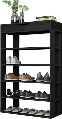 SogesPower Zapatero de 5 Estantes, Zapatero de Almacenamiento de Madera, Organizador de Zapatos, Zapatero de Entrada, con Gabinete Superior, 75 x 30 x 94.5 cm, Negro  