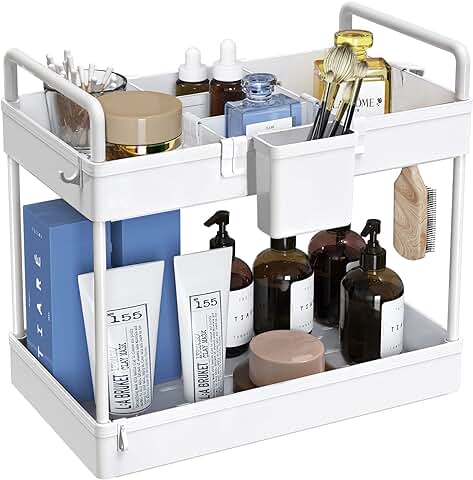 SOLEJAZZ Organizador de Encimera de Baño, Soporte para Cosméticos de 2 Niveles, Bandeja de Baño con Divisores, Organizador de Estante de Almacenamiento para Maquillaje y Perfumes Cosméticos, Blanco  