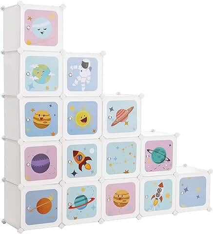 SONGMICS Armario Modular Infantil de 15 Cubos, Organizador Modular para Niños, Estantes de Cubo de Plástico, con Puertas, para Ropa, Zapatos, Juguetes, 151 x 31 x 153 cm, Blanco LPC902W  