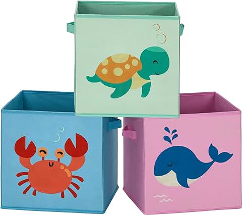 SONGMICS Caja Organizadora Tela, Caja Almacenaje Infantil, Juego de 3, Organizadora Juguete, Plegables con Asas, para Habitación de Niños, 30 x 30 x 30 cm, Tema del mar, Azul, Verde y Rosa RFB701Y03  