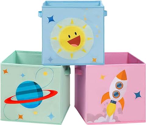 SONGMICS Cajas de Almacenaje, Juego de 3, Organizadoras de Juguetes, Cubos Plegables con Asas, para Habitación de Niños, Sala de Juegos, 30 x 30 x 30 cm, Tema del Espacio, Azul, Verde y Rosa RFB001Y03  