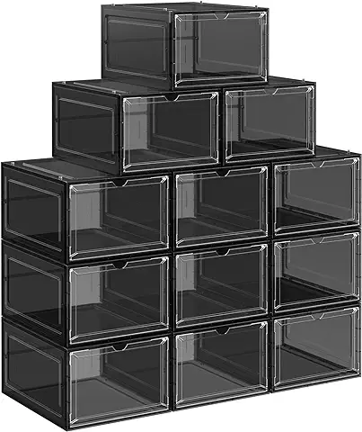 SONGMICS Cajas de Zapatos, Cajas Plástica Apilable para Zapatos, Juego de 12 Organizador de Zapatos, Ahorro de Espacio, Fácil Montaje, 27 x 34,5 x 19 cm, Hasta Talla 46, Negro LSP032B12V1  