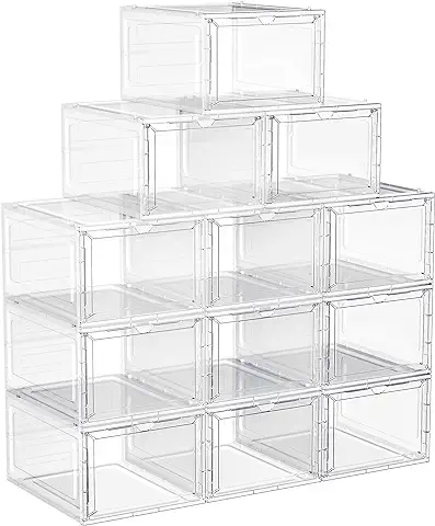 SONGMICS Cajas de Zapatos, Cajas Plástica Apilable para Zapatos, Juego de 12 Organizador de Zapatos, Ahorro de Espacio, Fácil Montaje, 27 x 34,5 x 19 cm, Hasta Talla 46, Blanco LSP032W12V1  