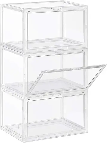 SONGMICS Cajas de Zapatos, Paquete de 3 Organizadores de Zapatos Apilables con Puerta Transparente, Zapatería de Plástico, Talla 46, 36 x 28 x 22 cm, Transparente LSP03CW  