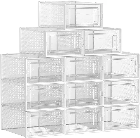 SONGMICS Cajas de Zapatos Plástico, Juego de 12 Organizadores de Almacenamiento, Caja Zapatero Plástico Plegable y Apilable para Zapatillas Hasta Talla 44, Transparente y Blanco LSP12SWT  