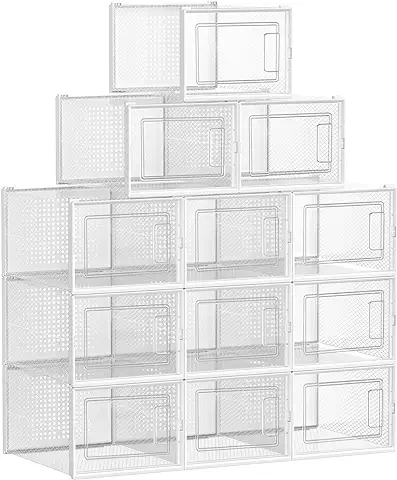 SONGMICS Cajas de Zapatos Plástico, Juego de 12 Organizadores de Almacenamiento, Caja Zapatero Plástico Plegable y Apilable para Zapatillas Hasta Talla 46, Transparente y Blanco LSP12MWT  