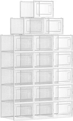 SONGMICS Cajas de Zapatos Plástico, Juego de 18 Organizadores de Almacenamiento, Caja Zapatero Plástico Plegable y Apilable para Zapatillas Hasta Talla 46, Transparente y Blanco LSP18MWT  