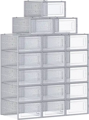 SONGMICS Cajas de Zapatos Plástico, Juego de 18 Organizadores de Almacenamiento, Caja Zapatero Plástico Plegable y Apilable para Zapatillas Hasta Talla 44, Transparente y Gris LSP006G18  