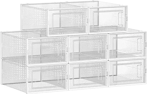 SONGMICS Cajas de Zapatos Plástico, Juego de 8 Organizadores de Almacenamiento, Caja Zapatero Plástico Plegable y Apilable para Zapatillas Hasta Talla 44, Transparente y Blanco LSP08SWT  