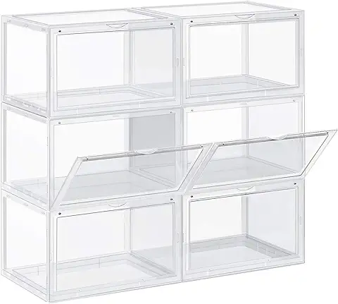 SONGMICS Cajas para Zapatos, 6 Unidades, Apilables, con Puerta, Plástico, Tamaño Hasta 46, 36 x 28 x 22 cm, Transparente, LSP06CW  