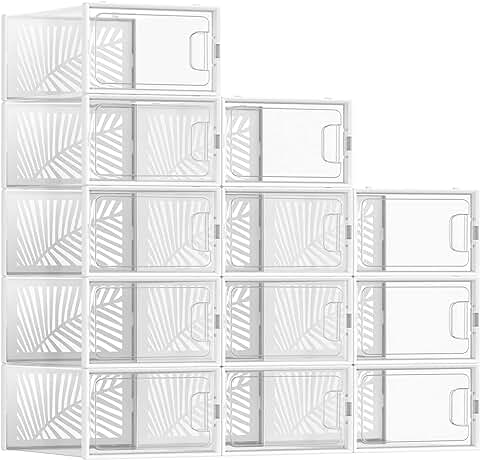 SONGMICS Cajas para Zapatos Transparentes, 12 Cajas de Zapatos, Organizadores Plegables, Talla 44, Apilables, para Exponer Zapatillas, Tacones Altos, Transparente y Blanco LSP106W12